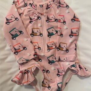 Pink Kids Swim One Piece with Golf Cart Print